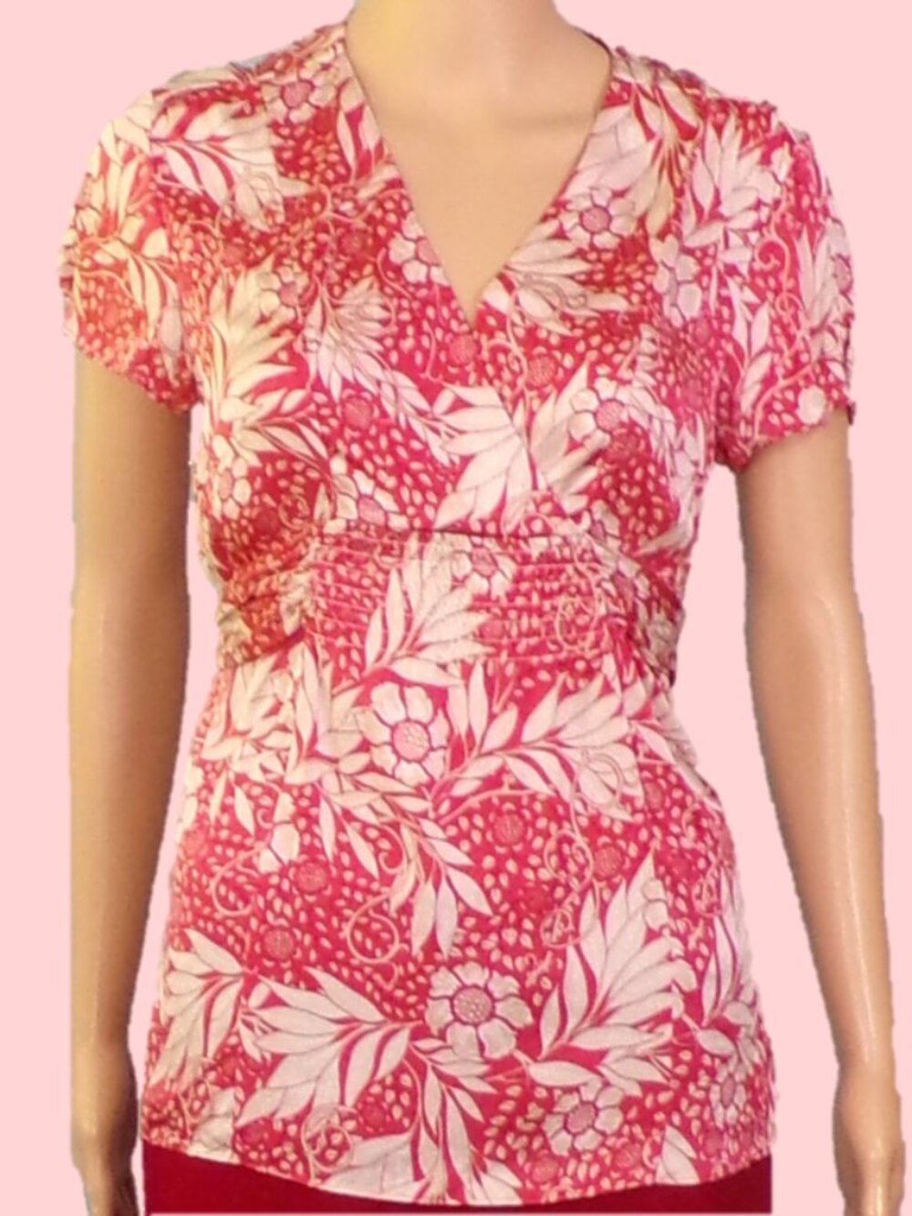 ANN TAYLOR size 4 red-orange/buff/beige floral short-sleeve tunic top silk/spndx